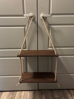 Handcrafted Two-Tier Hanging Wall Shelf - Brown & Natural Rope